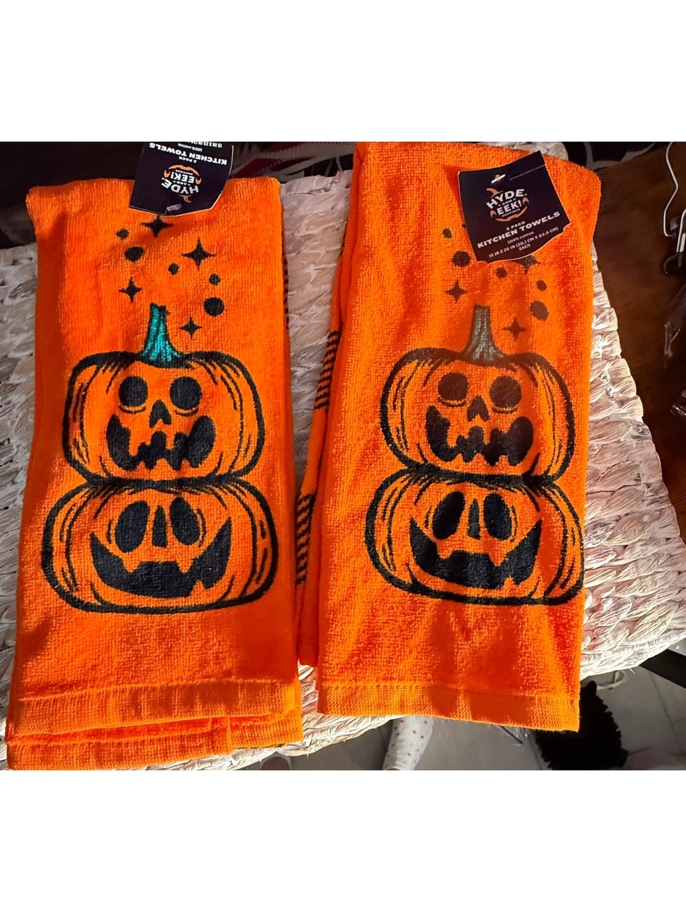 Hyde & EEK! Halloween Kitchen Towels Set of 2 Orange Pumpkin and Plaid Cotton